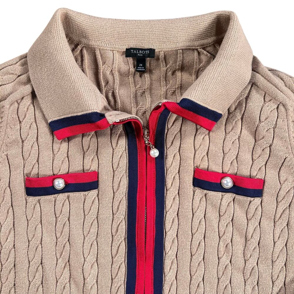 Talbots Plus 2X Cable Knit Zip Cardigan Preppy Pearl Trim Collared